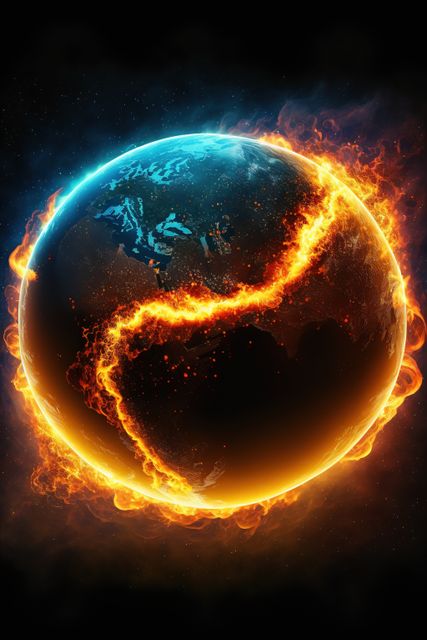 Composition of burning and smoking globe on black background created using generative ai technology. Global warming and ecology concept, digitally generated image.