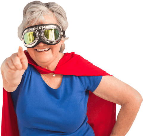 Cheerful Senior Woman Posing in Superhero Costume with Cloak and Goggles on Transparent Background