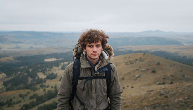 Hiker standing on windswept ridge wearing parka and backpack gazing across plateau