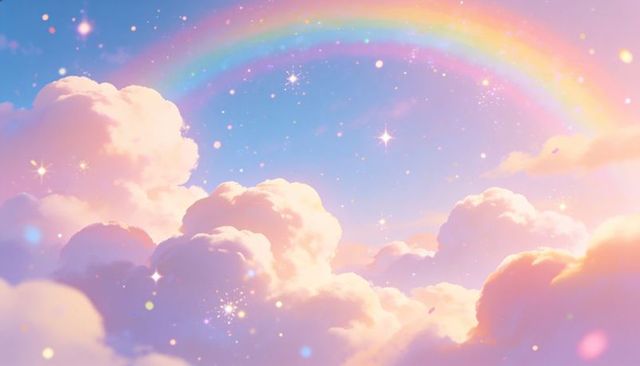 Floating pastel cloudscape with rainbow arch and sparkling stars, dreamy celestial panorama