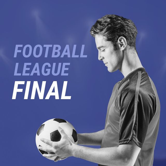 Football league final text and caucasian male football player with ball over blue background. digital composite, sport, success, copy space, athleticism, football, competition.