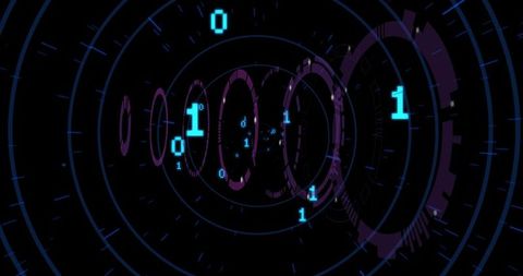 Futuristic Digital Binary Tunnel with Spinning Concentric Rings