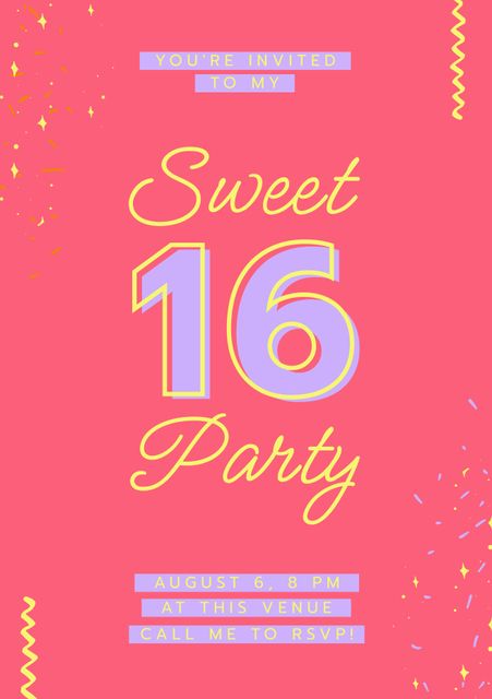 This can be used for personalizing invitations for Sweet 16 birthday parties. Perfect for teens celebrating this milestone birthday. The vibrant pink background and festive design create an upbeat and joyous vibe. Ideal for sending physical invitations or digital invites via social media.