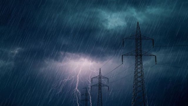 Stormy power lines battling against lightning show