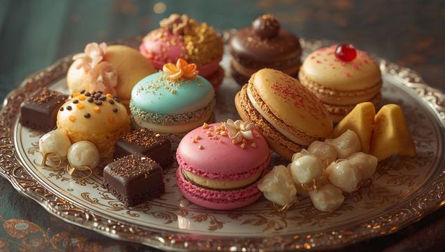 Elegant Assorted Macarons and Sweets on Ornate Tray