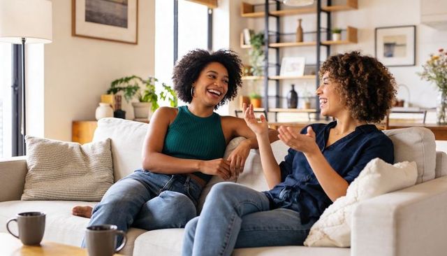 Friends laughing on sunlit sofa sharing coffee and casual conversation