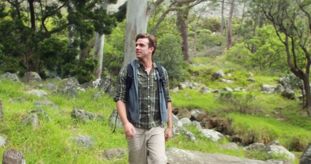 Man Hiking in Verdant Forest with Backpack on Sunny Day - Download Free Stock Photos Pikwizard.com