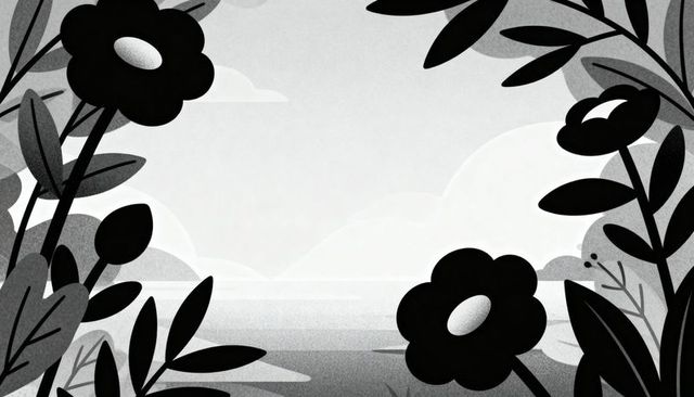 Monochrome floral frame revealing calm seascape horizon with stippled graphic texture