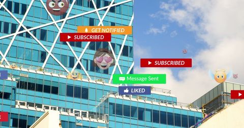 Digital Emojis Floating Over Urban Cityscape