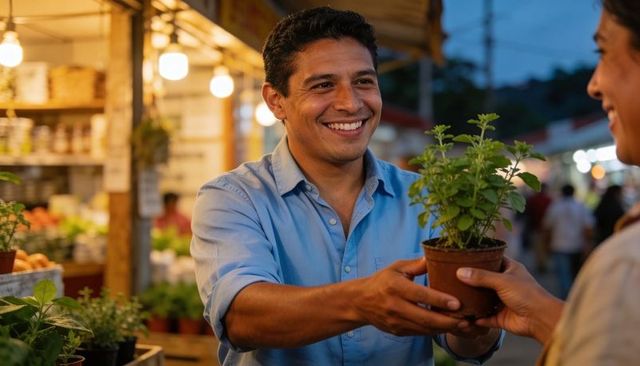 Smiling vendor handing potted herb to customer at dusk farmers market with warm lights