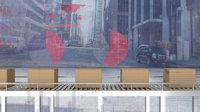 Conveyor belt in urban setting with overlay of financial data charts. Depiction of global shipping and e-commerce logistics in urban landscape. Useful for illustrating themes of automation in supply chain, efficiency in worldwide delivery, and integration of technology in logistics.