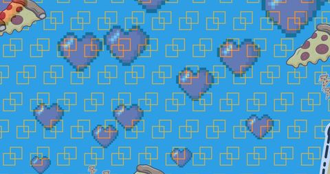 Retro Heart and Pizza Pattern on Blue Digital Background