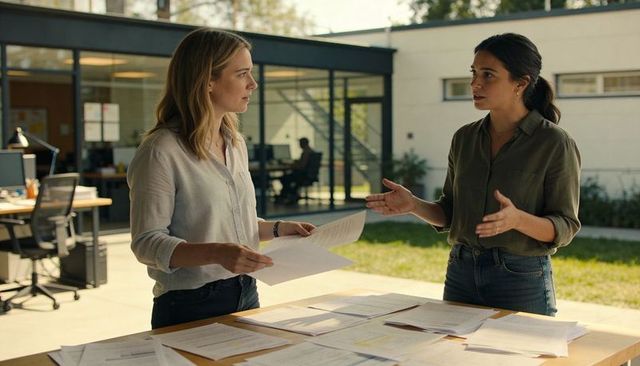 Women collaborating over documents at sunny glass office courtyard table
