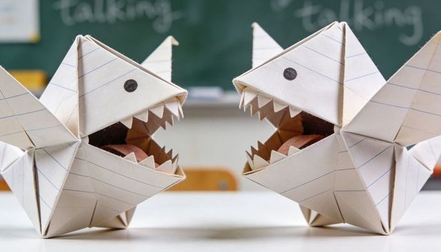 Lined-notebook origami sharks with jagged teeth facing each other on classroom desk