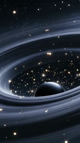 Rotating Dark Planet with Blue Rings Revealing Distant Starfield | Vertical Space Loop