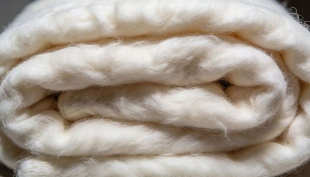 Rolled natural wool batt showing soft fibers, layered texture and plush loft
