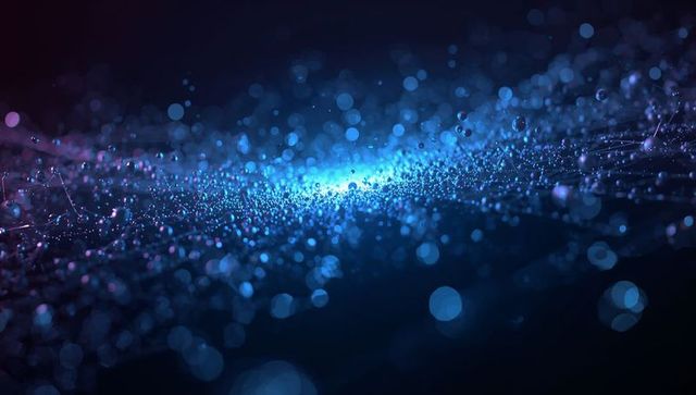 Glowing particle wave forming neon network plane with central glow future tech background
