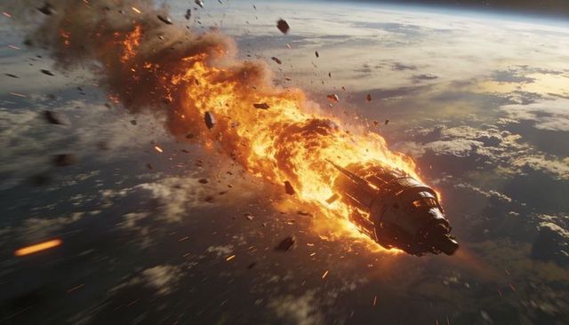 Reentering spacecraft breaking apart in blazing fireball over earth horizon with debris trail