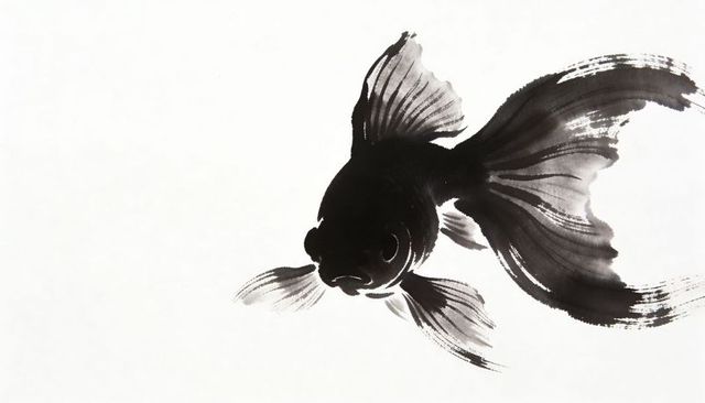 Monochrome sumi-e black goldfish swimming with flowing brushstroke tail on textured paper