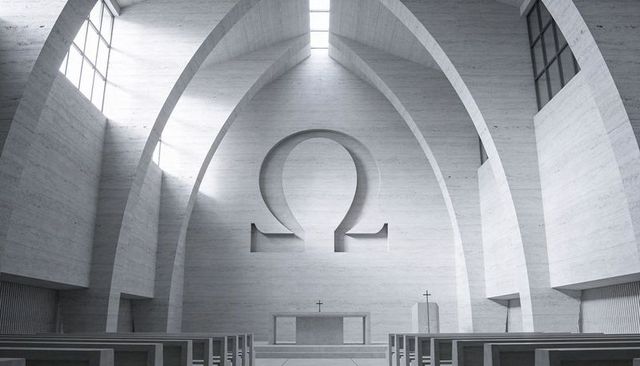Minimalist stone chapel interior with large recessed omega emblem above altar