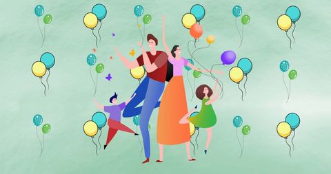 Happy Family Celebrating with Balloons on Green Background - Download Free Stock Images Pikwizard.com