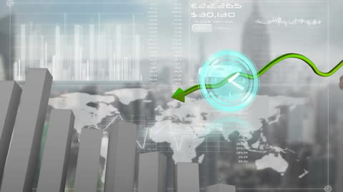 Global Financial Trends Animation with Clock and Data
