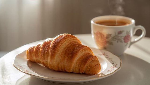 Golden flaky croissant on floral gold-rim plate with steaming tea for cozy morning