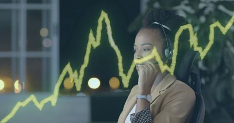 confident businesswoman in headset focused on analyzing financial charts in modern office environment. concept of global finance, stock market analysis, and real-time decision making. ideal for use in articles about finance, investment trends, or digital economy. suitable for presentations, reports, or promotional materials related to financial planning, business consulting, and market analytics.
