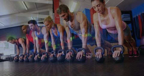 Group kettlebell plank workout building core strength and endurance for functional fitness