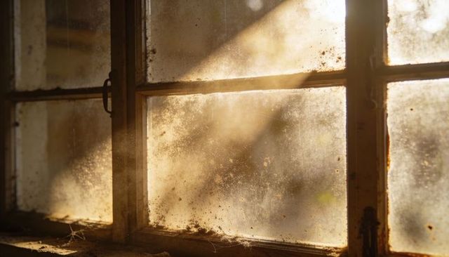 Sunlight Streaming Through Dusty Antique Window With Rusted Latch and Cobwebs