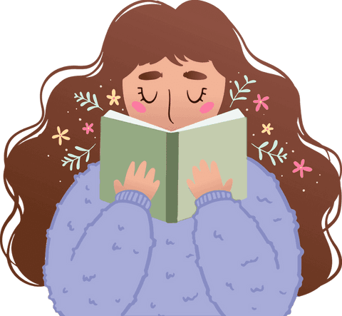 Transparent illustration of woman reading book with floral details
