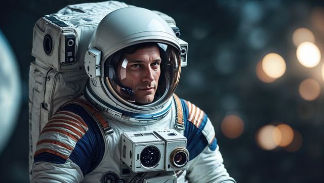 Astronaut Examining Control Panel Inside Orbiting Spacecraft