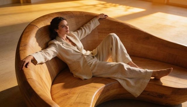 Serene woman reclining on sculptural wooden sofa in linen suit bathed in warm sunlight