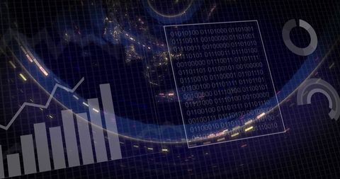 This digital graphic shows a combination of global data processing elements including binary code, a world map, and statistical graphics, creating a dynamic visualization of technology’s global reach. Wired against the dark, network-like background, it represents data handling and technology trends. Perfect for using in presentations about global technology developments, data analysis themes, corporate reports involving digital transformation initiatives, and educational materials on computing.