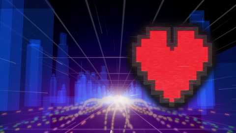 Pixel Heart Over Futuristic Digital Cityscape