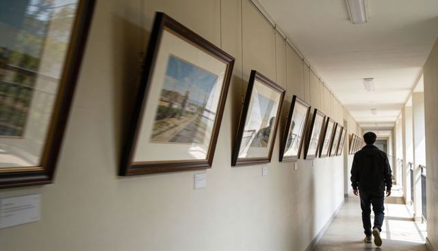 Walking visitor exploring sunlit gallery corridor lined with framed landscape paintings