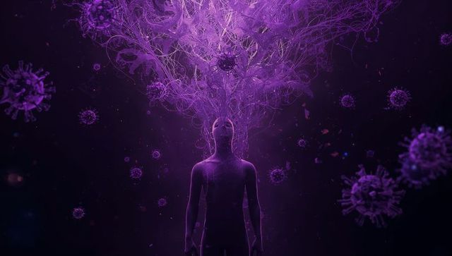 Surreal purple silhouette releasing luminous neural tendrils among floating viral orbs