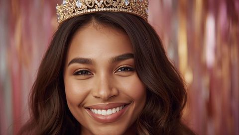Radiant Beauty Wearing Jeweled Gold Crown Smiling Against Rose Gold Streamers Backdrop