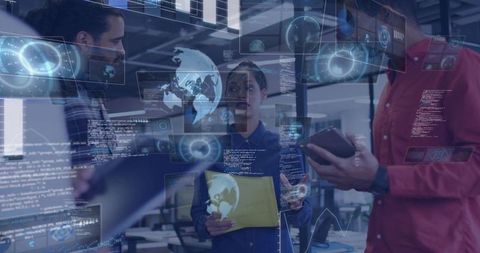 Diverse Team Collaborating with Holographic Data Dashboards, Tablet and Reports in Modern Office