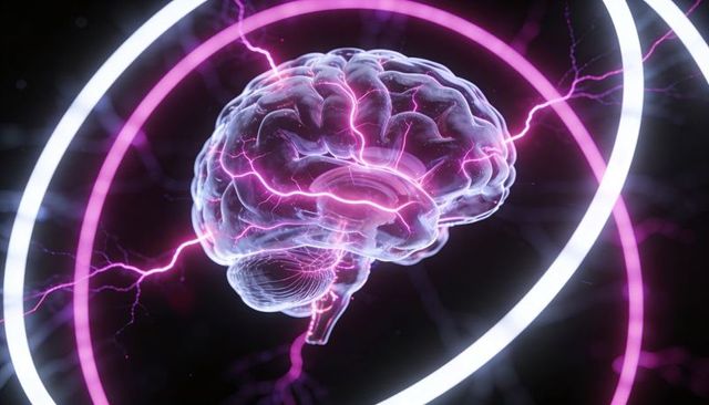 Translucent brain emitting neon neural energy with magenta lightning and futuristic rings