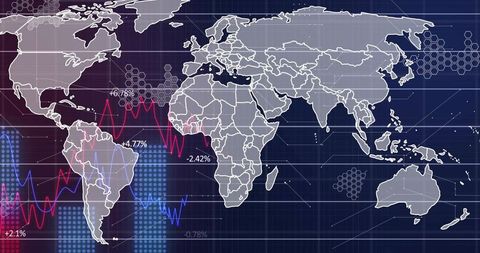 World map with global analytics and data trends dashboard