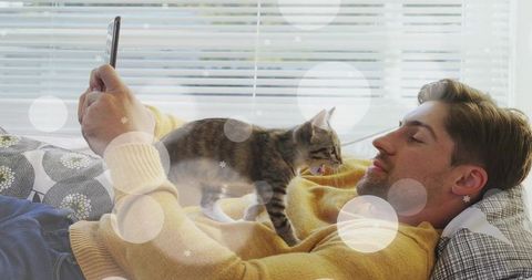 Reclining man in mustard sweater using smartphone while tabby kitten explores chest