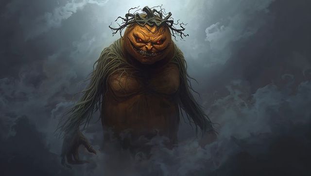 Ominous pumpkin-headed specter emerging in fog