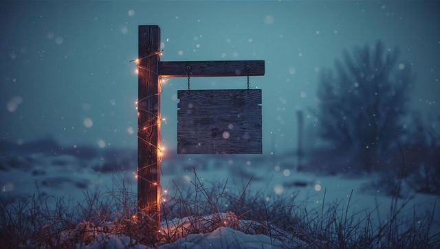 Wooden Signboard Adorned with Lights in Snowy Winter Landscape