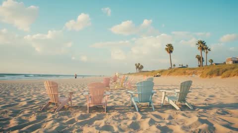 Pastel Adirondack Chairs on Sandy Beach by Ocean with Dunes
