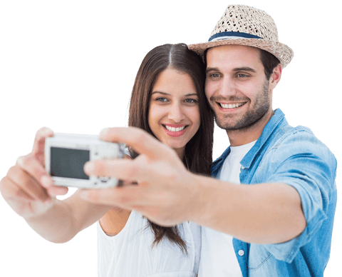 cheerful couple taking selfie with camera on transparent background - Download Free Stock Videos Pikwizard.com