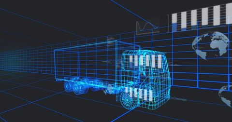 Wireframe cargo truck moving through neon 3D grid with HUD overlays and global data
