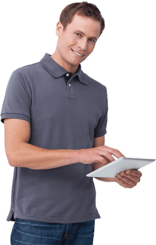 Smiling Man with Tablet Offering Transparent Flexibility - Download Free Stock Videos Pikwizard.com