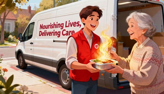 Volunteer delivering hot meals to smiling senior at suburban curbside