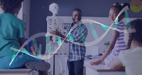 Teacher Explains Human Skeleton to Engaged Students with DNA Overlay